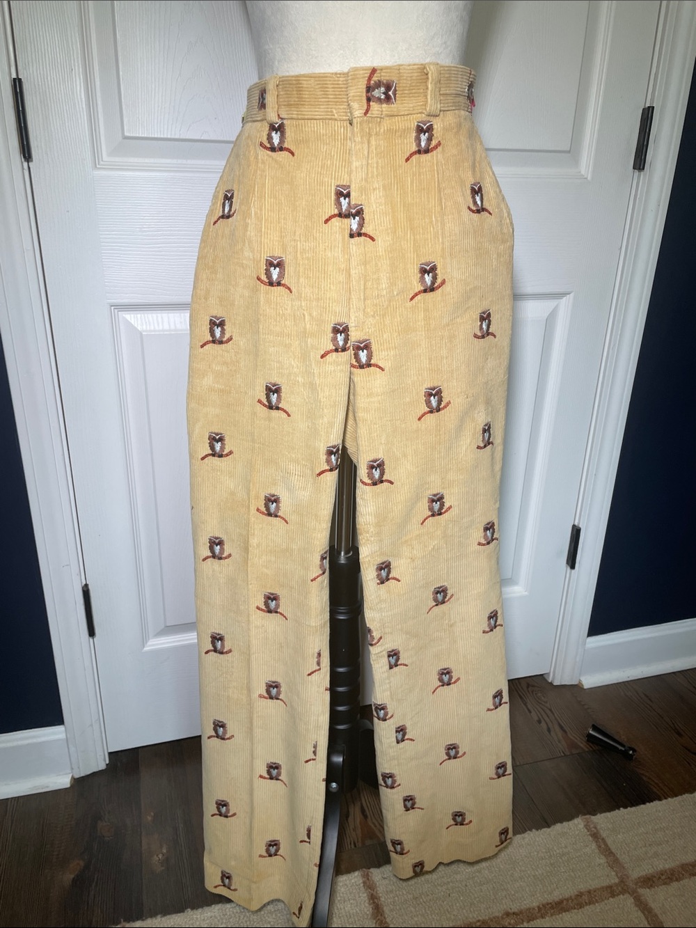 Vintage 70s David Brooks Ltd Owl Embroidered Corduroy Pants Tan High Rise Sz 4